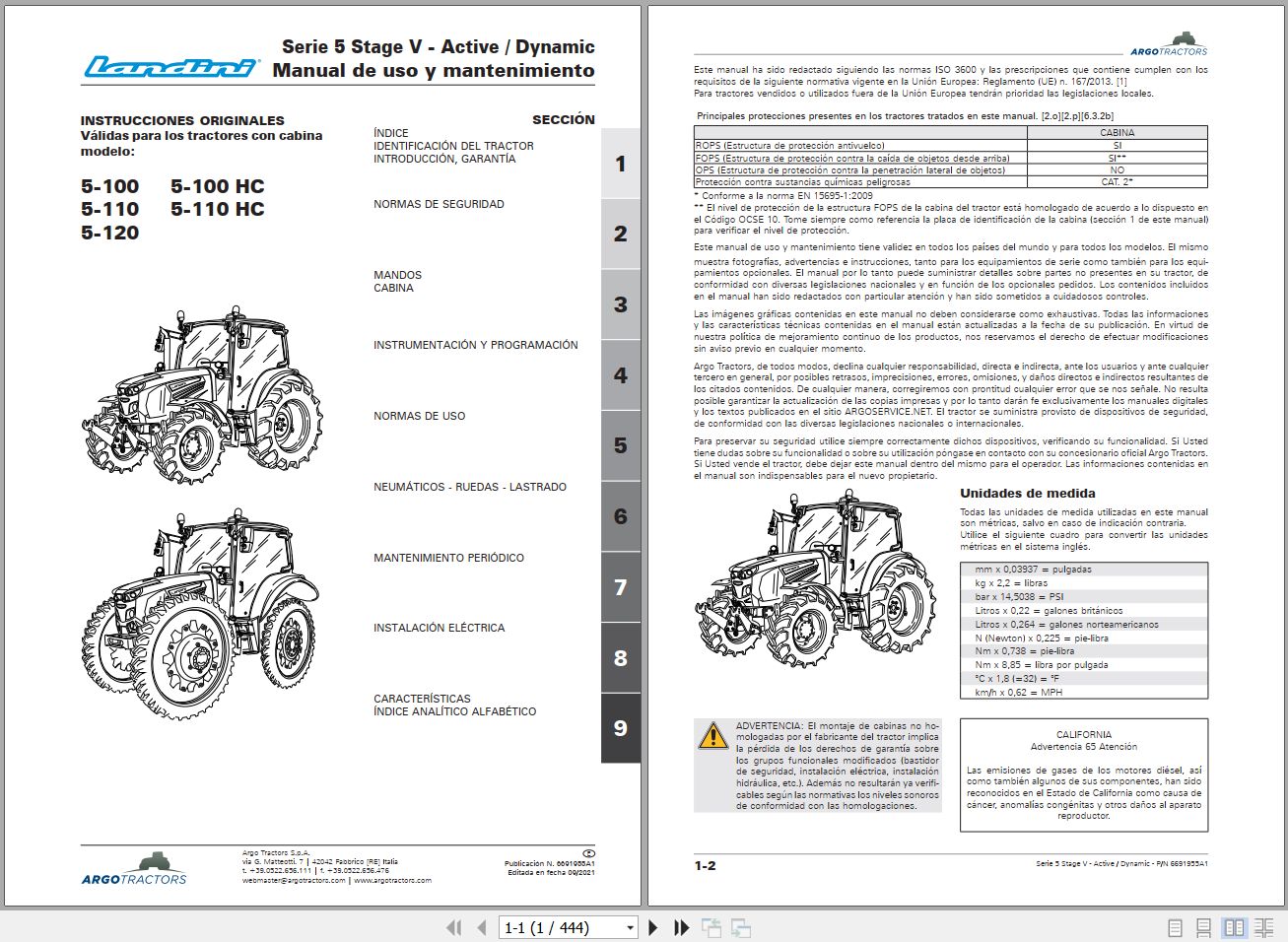 Landini Tractor 5 100 to 5 110HC Operators Maintenance Manual 6691955A1 ES 1