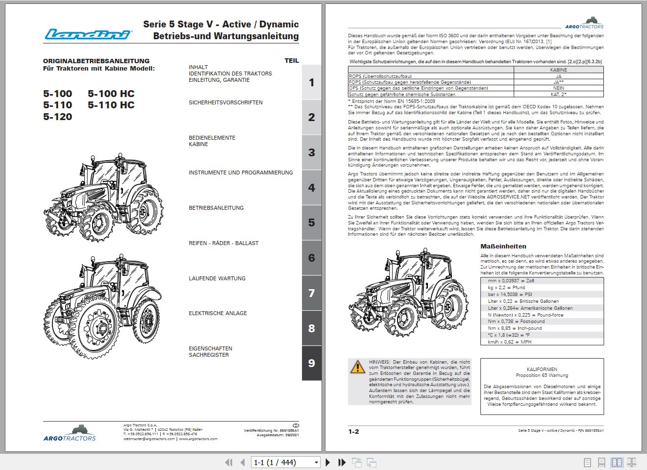 Landini Tractor 5 100 to 5 110HC Operators Maintenance Manual 6691956A1 DE 1