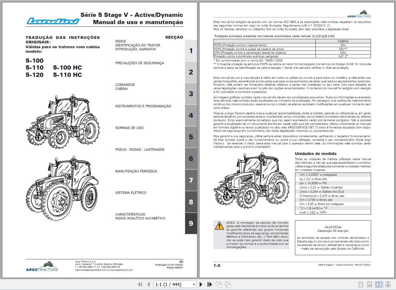Landini Tractor 5 100 to 5 110HC Operators Maintenance Manual 6717043A1 PT 1