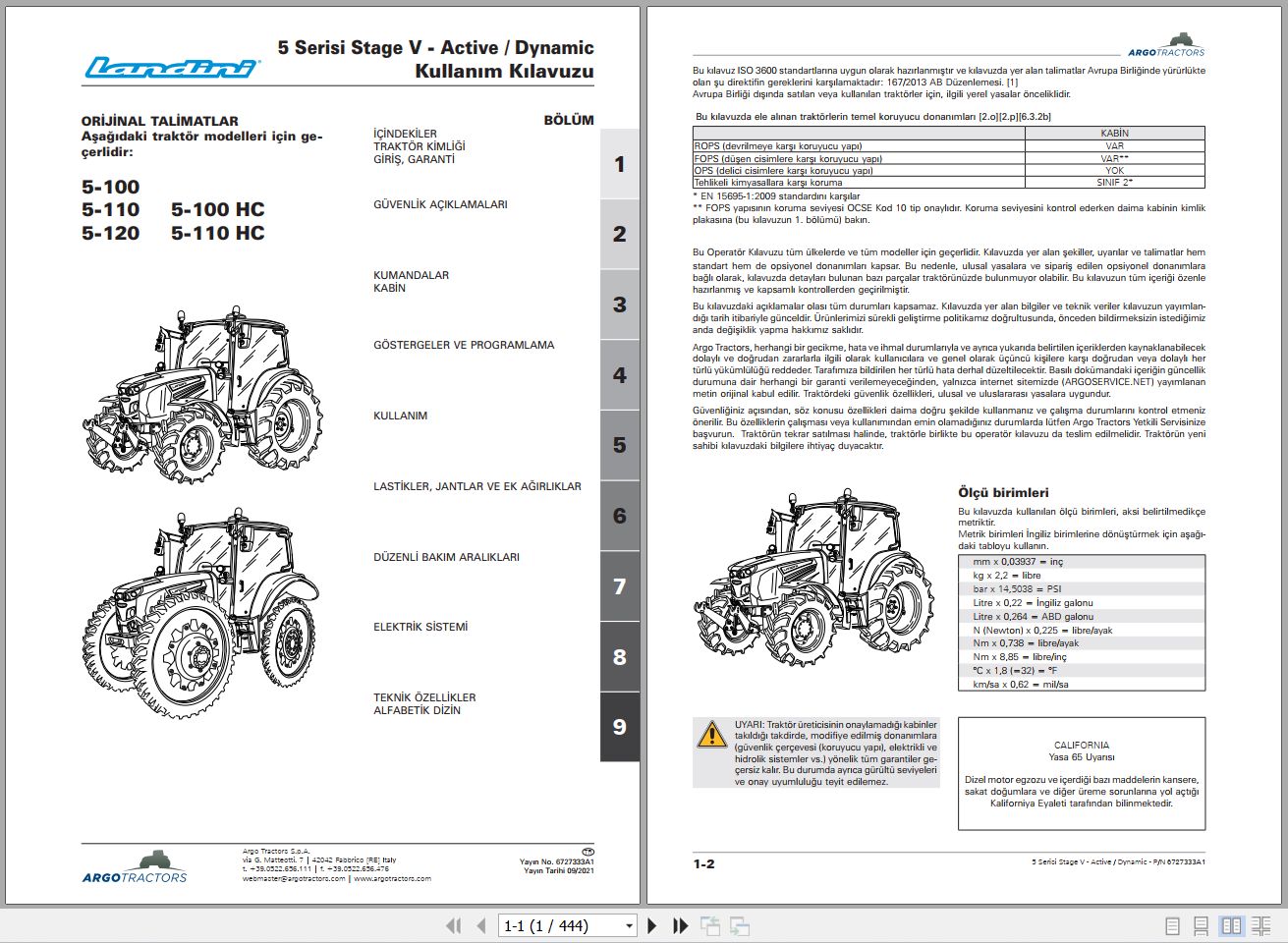 Landini Tractor 5 100 to 5 110HC Operators Maintenance Manual 6727333A1 TR 1