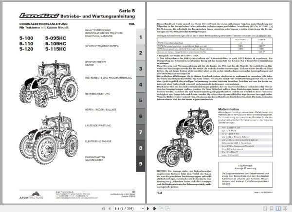 Landini Tractor 5 100 to 5 115HC Operators Maintenance Manual 6631809A2 DE 1