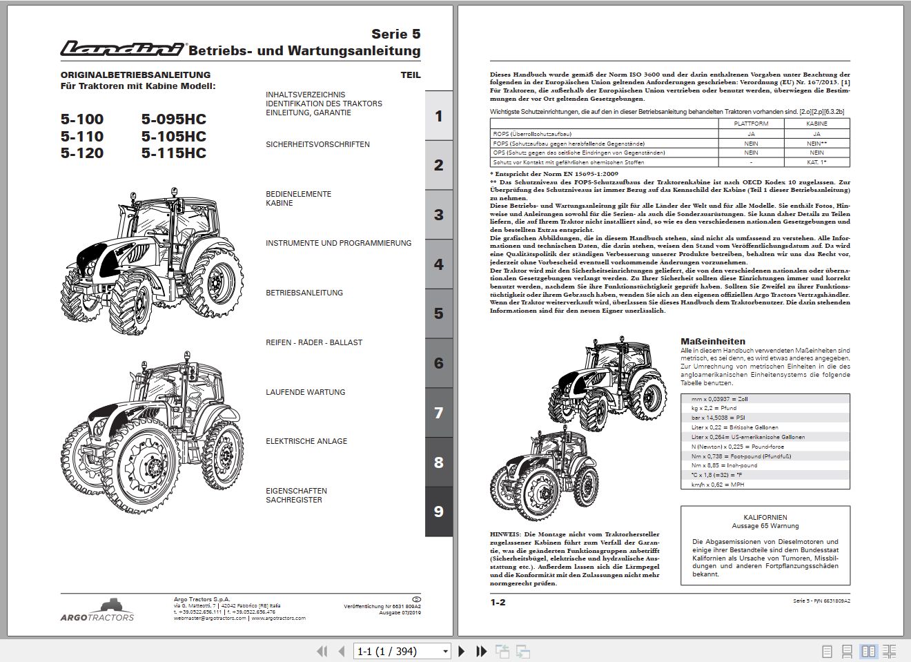 Landini Tractor 5 100 to 5 115HC Operators Maintenance Manual 6631809A2 DE 1