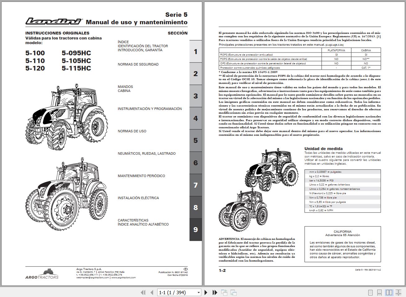 Landini Tractor 5 100 to 5 115HC Operators Maintenance Manual 6631811A2 ES 1
