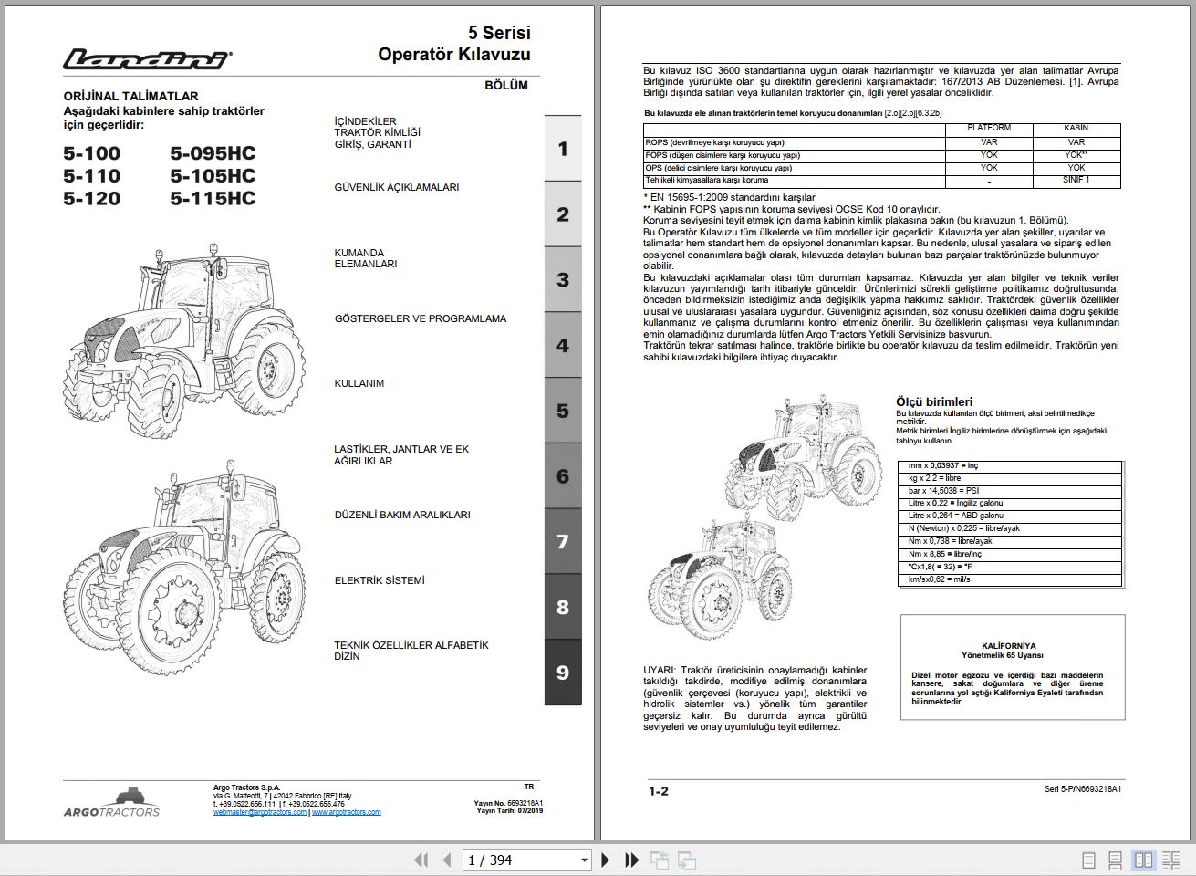 Landini Tractor 5 100 to 5 115HC Operators Maintenance Manual 6693218A1 TR 1