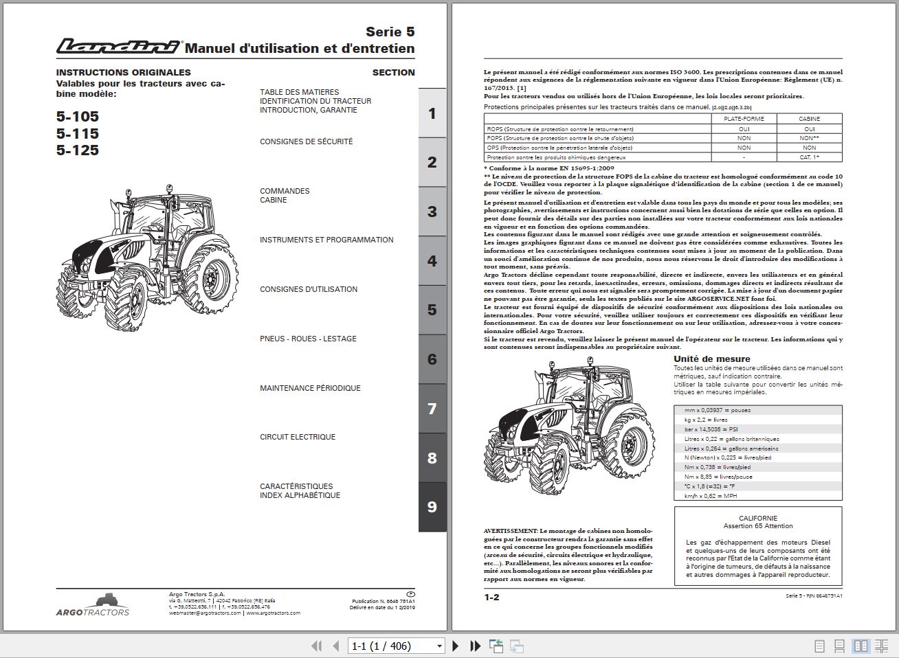 Landini Tractor 5 105 5 115 5 125 Operators Maintenance Manual 6646751A1 FR 1