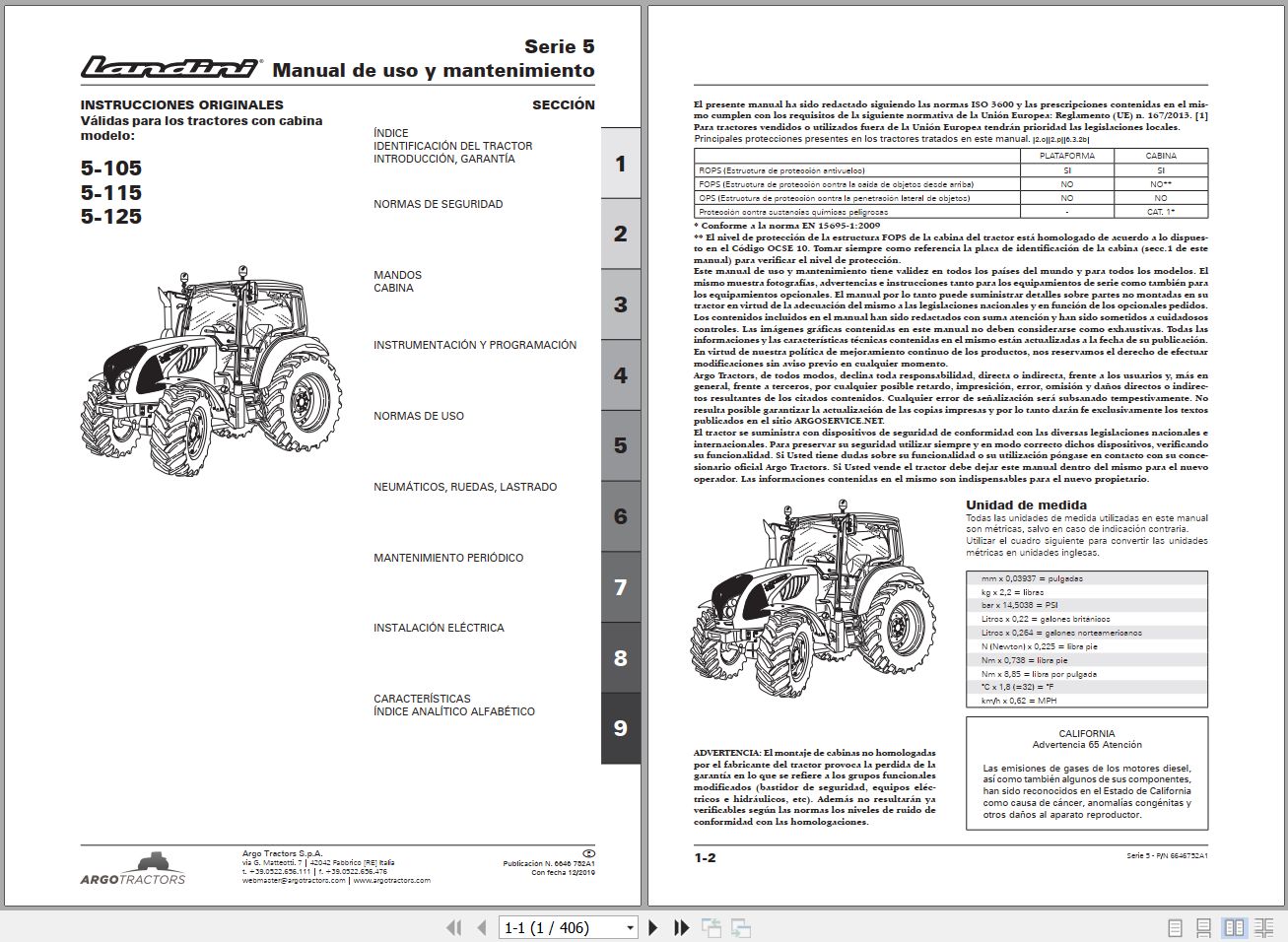 Landini Tractor 5 105 5 115 5 125 Operators Maintenance Manual 6646752A1 ES 1