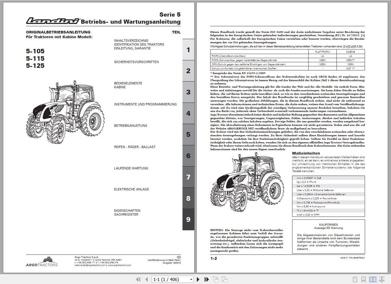 Landini Tractor 5 105 5 115 5 125 Operators Maintenance Manual 6646753A1 DE 1