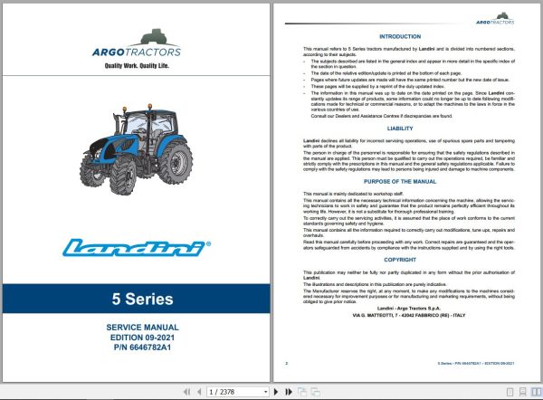 Landini Tractor 5 105 5 115 5 125 Service Manual 6646782A1 EN 1