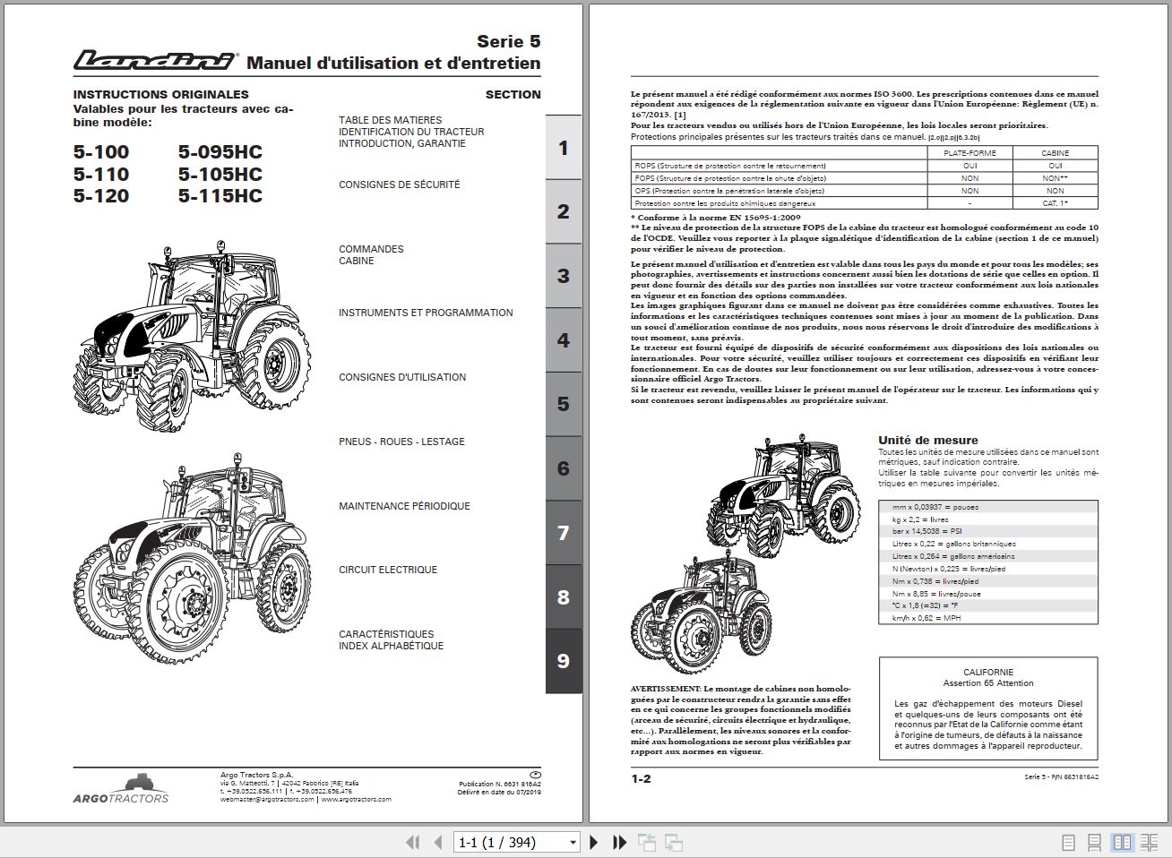 Landini Tractor 5 120 to 5 115HC Operators Maintenance Manual 6631816A2 FR 1