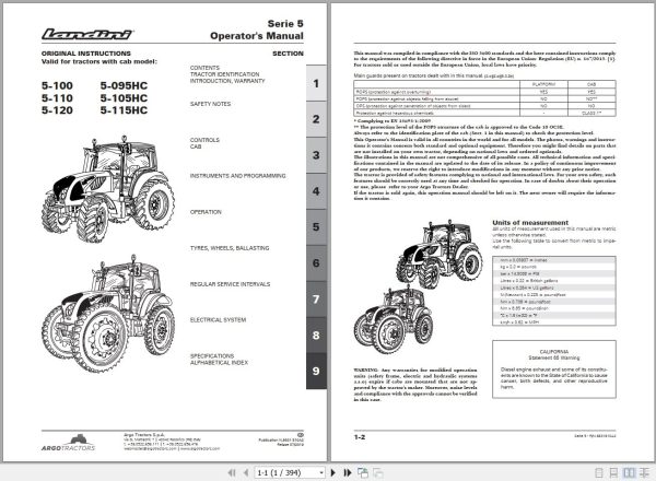 Landini Tractor 5 Series 5 100 to 5 115HC Operators Maintenance Manual 6631810A2 EN 2