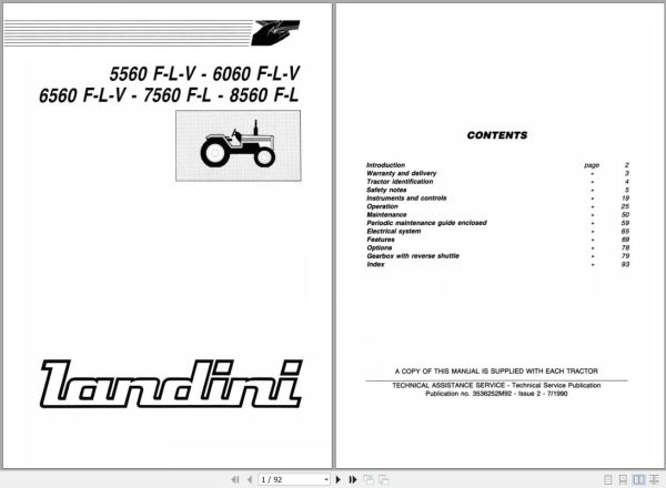 Landini Tractor 5560F to 8560L Operators Maintenance Manual 3536252M92 EN 1