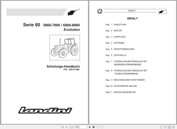 Landini Tractor 5860 7860 6860 8860 Service Manual 3667273M1 DE 1