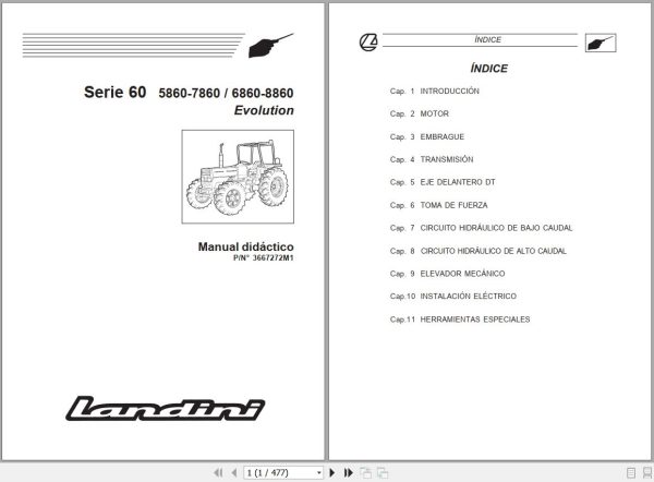 Landini Tractor 5860 to 8860 Evolution Service Manual 3667272M1 ES 1
