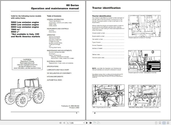 Landini Tractor 5860 to 8860s Operators Maintenance Manual 3660053M2 EN 1