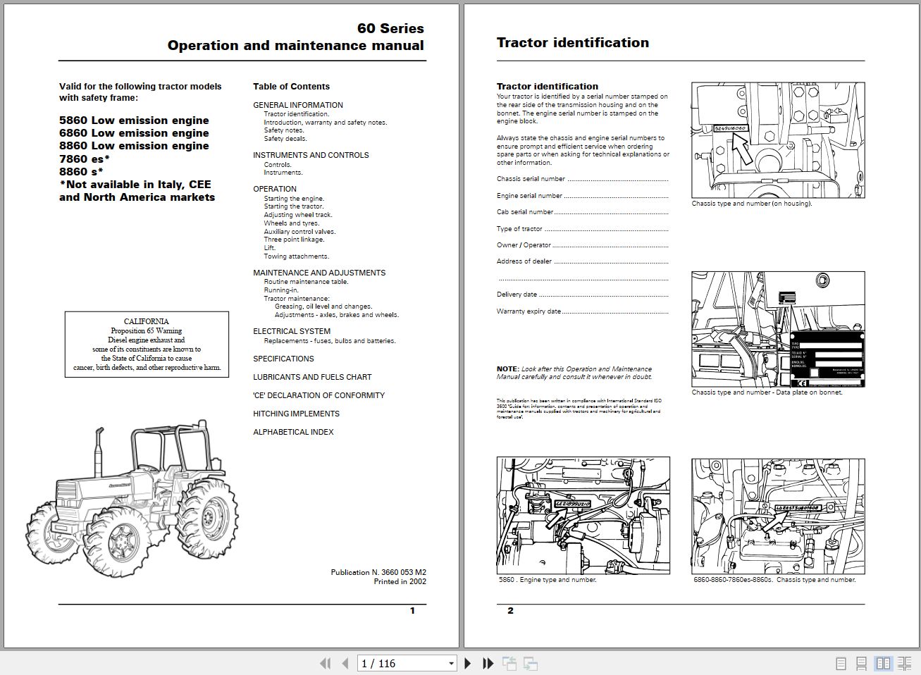 Landini Tractor 5860 to 8860s Operators Maintenance Manual 3660053M2 EN 1
