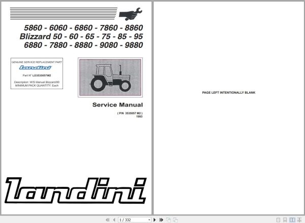 Landini Tractor 5860 to 9880 Service Manual 3535057M2 EN 1