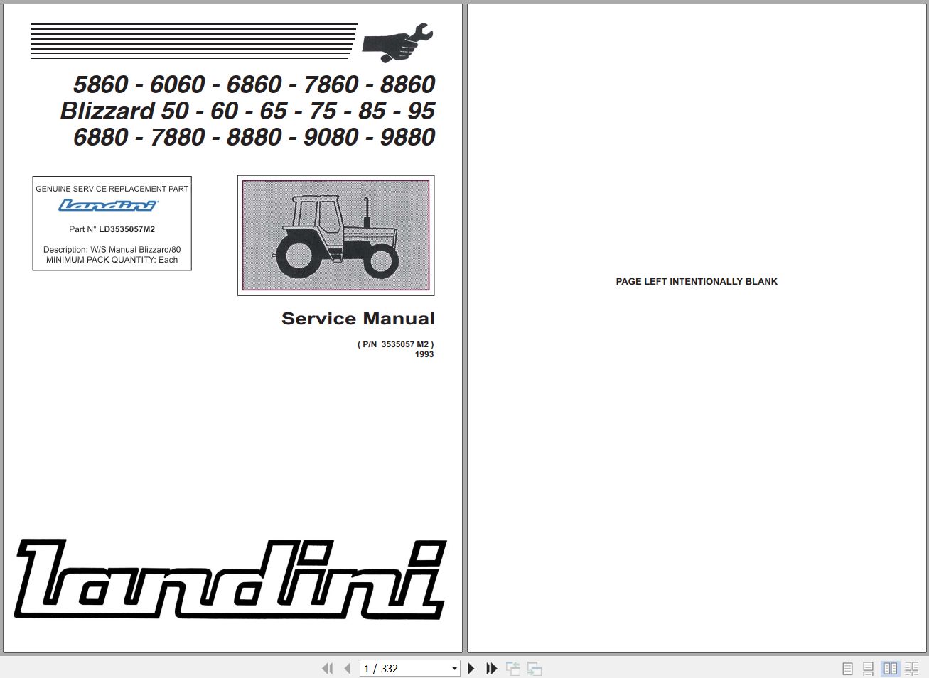 Landini Tractor 5860 to 9880 Service Manual 3535057M2 EN 1