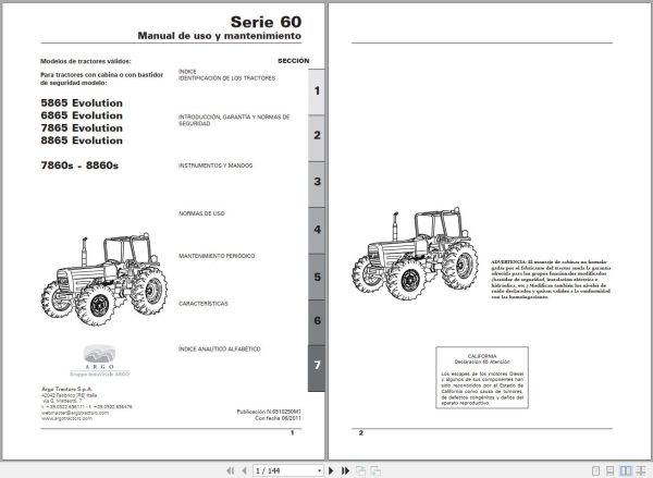 Landini Tractor 5865 8860s Operators Maintenance Manual 6510250M1 ES 1