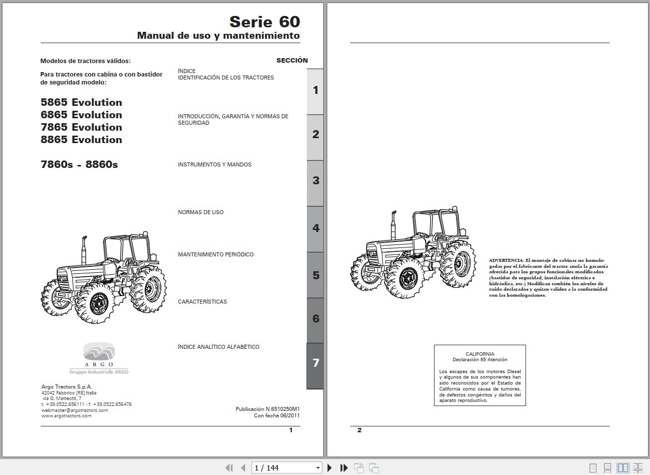 Landini Tractor 5865 8860s Operators Maintenance Manual 6510250M1 ES 1