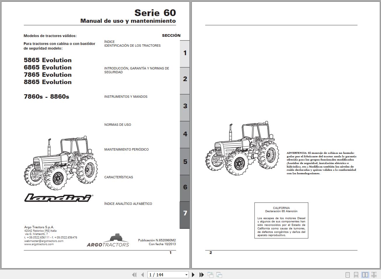 Landini Tractor 5865 8860s Operators Maintenance Manual 6520960M1 ES 1