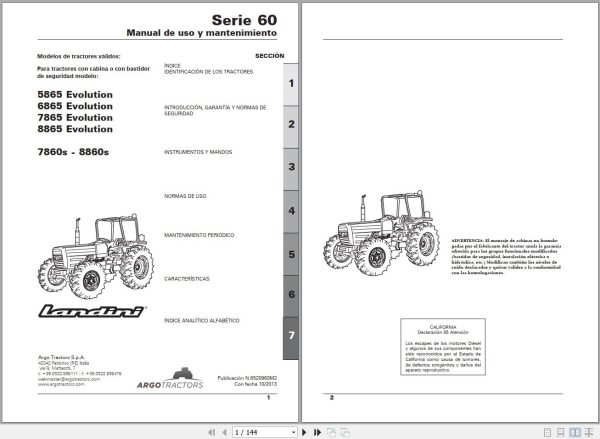 Landini Tractor 5865 8860s Operators Maintenance Manual 6520960M2 ES 1