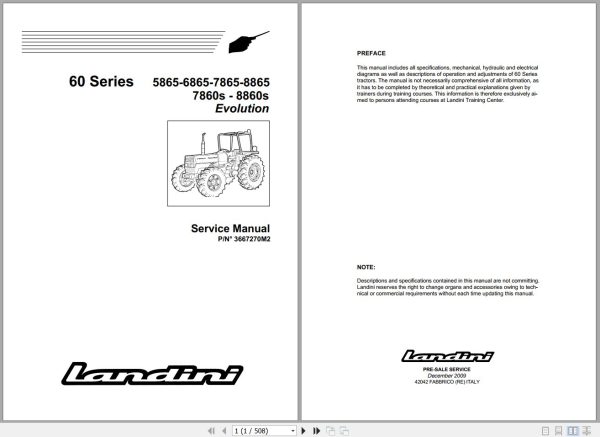 Landini Tractor 5865 8860s Service Manual 3667270M2 EN 1