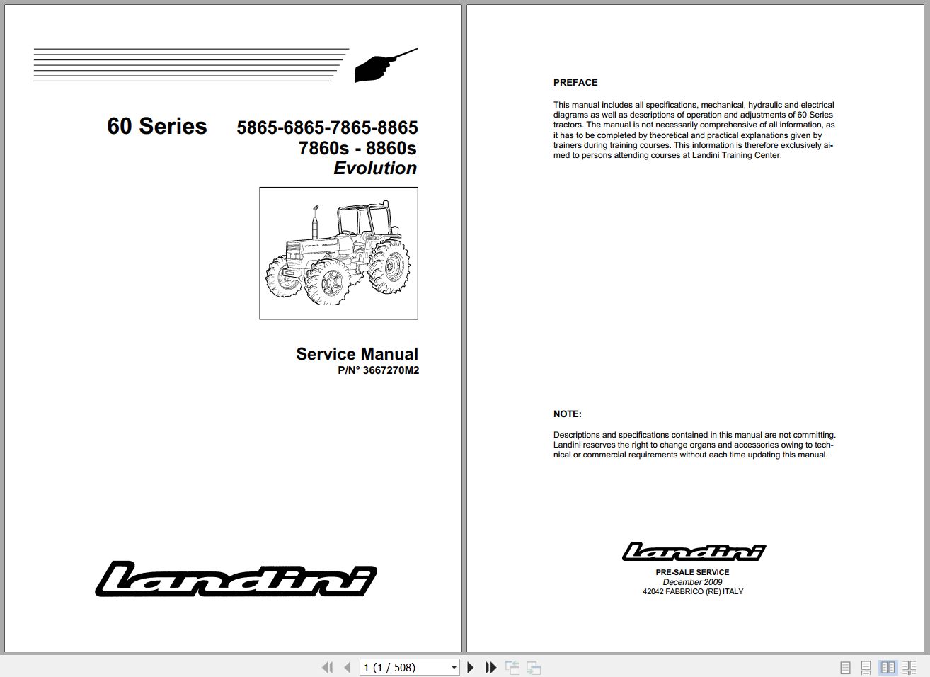 Landini Tractor 5865 8860s Service Manual 3667270M2 EN 1