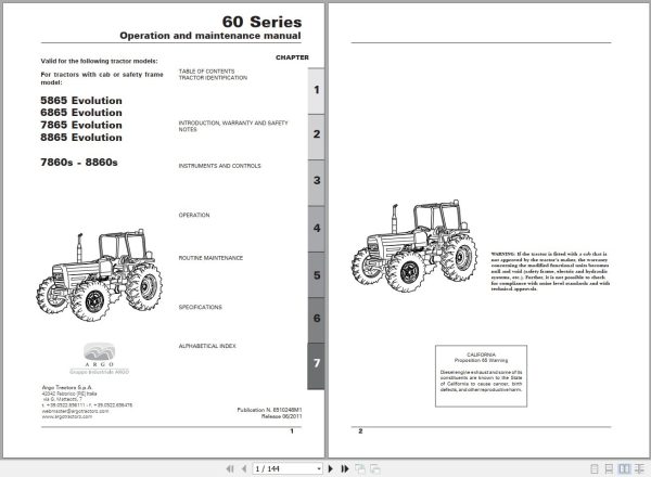 Landini Tractor 5865 to 8860s Operators Maintenance Manual 6510248M1 EN 1