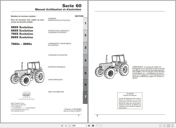 Landini Tractor 5865 to 8860s Operators Maintenance Manual 6510249M1 FR 1