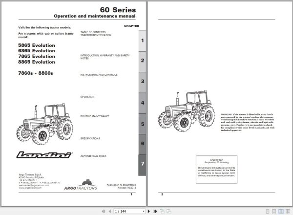 Landini Tractor 5865 to 8860s Operators Maintenance Manual 6520958M2 EN 1