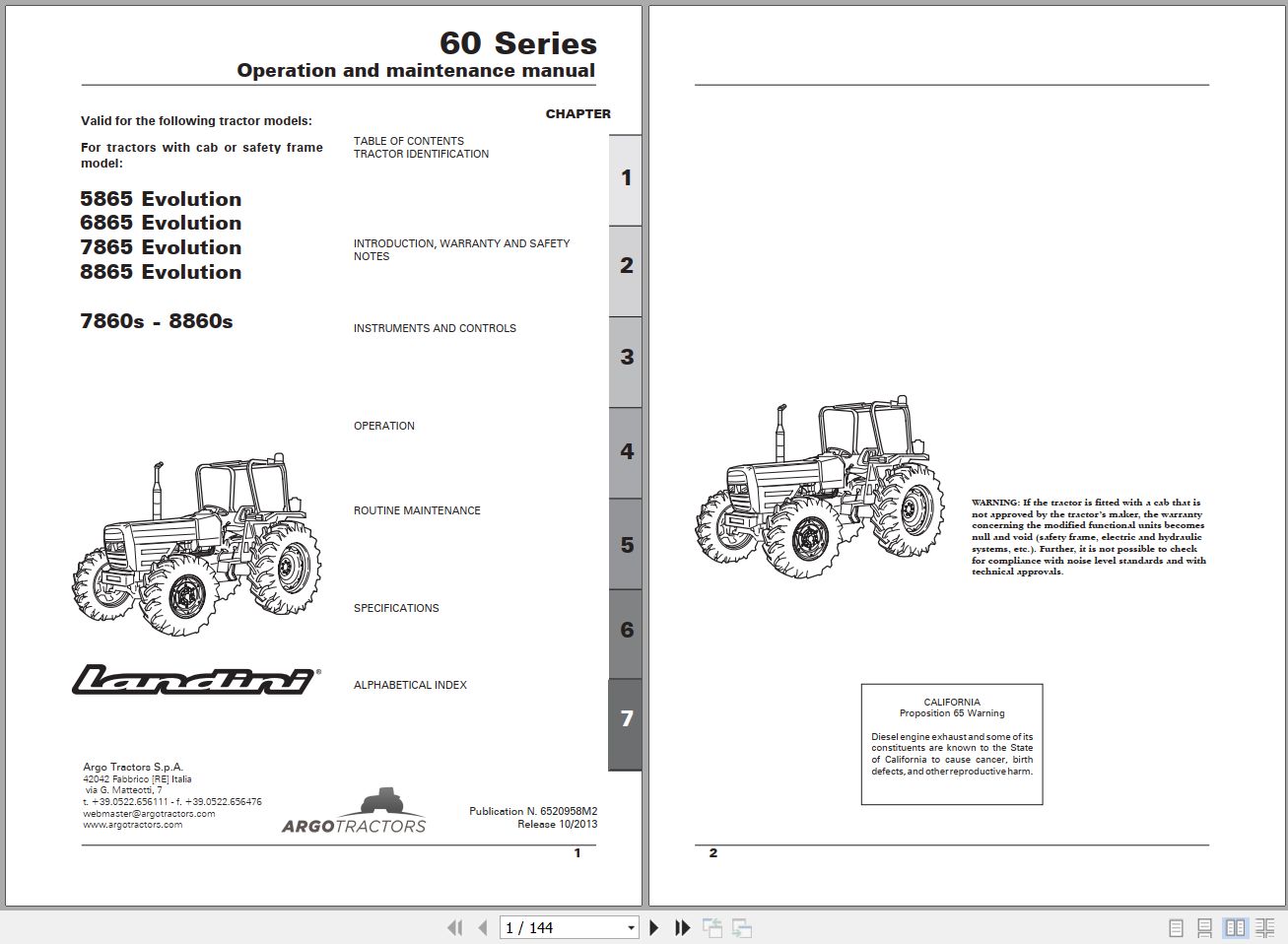 Landini Tractor 5865 to 8860s Operators Maintenance Manual 6520958M2 EN 1