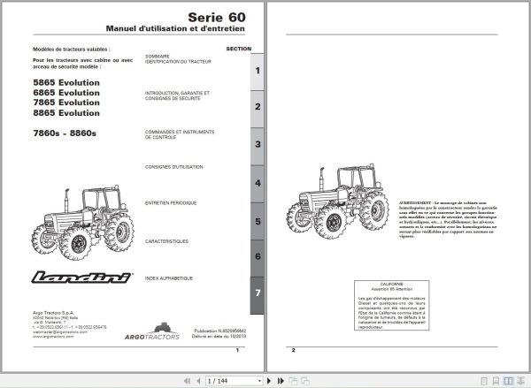 Landini Tractor 5865 to 8860s Operators Maintenance Manual 6520959M2 FR 1