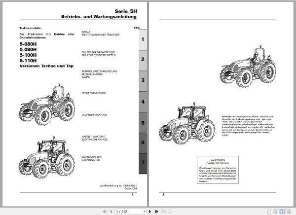 Landini Tractor 5H Series 5 080H to 5 110H Operators Maintenance Manual 4218545M1 DE 1