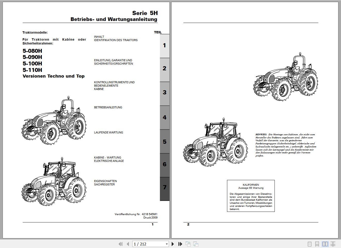 Landini Tractor 5H Series 5 080H to 5 110H Operators Maintenance Manual 4218545M1 DE 1