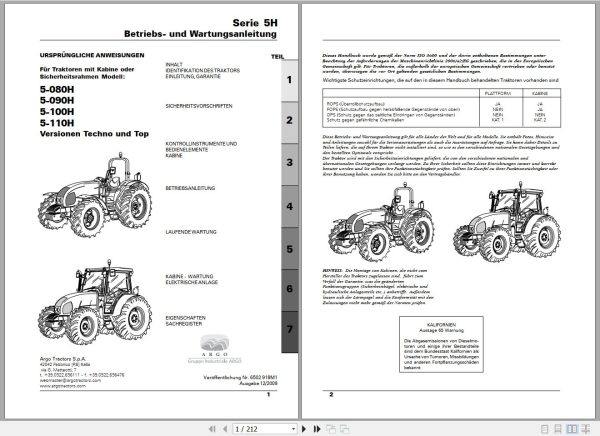 Landini Tractor 5H Series 5 080H to 5 110H Operators Maintenance Manual 6502918M1 DE 1