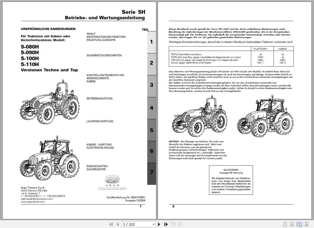 Landini Tractor 5H Series 5 080H to 5 110H Operators Maintenance Manual 6502918M1 DE 1