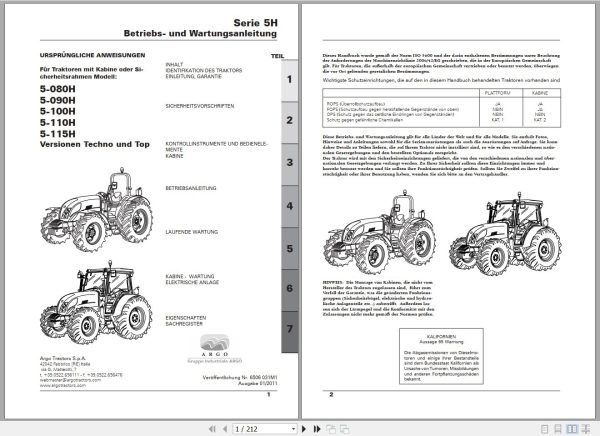 Landini Tractor 5H Series 5 080H to 5 115H Operators Maintenance Manual 6506031M1 DE 1