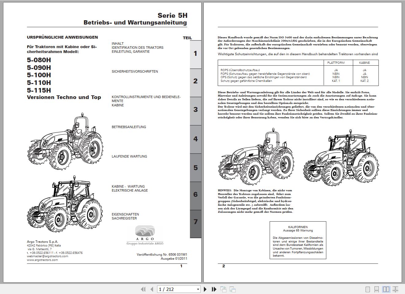 Landini Tractor 5H Series 5 080H to 5 115H Operators Maintenance Manual 6506031M1 DE 1