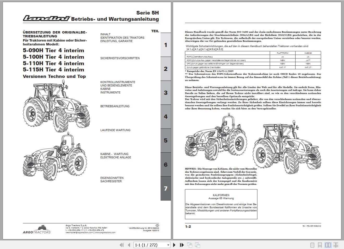 Landini Tractor 5H Series 5 090H to 5 115H Operators Maintenance Manual 6513092M2 DE 1