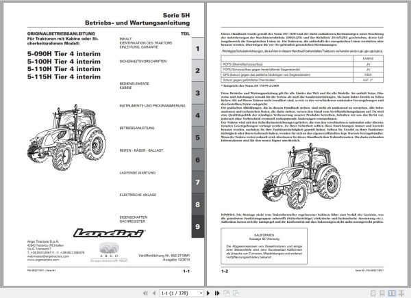 Landini Tractor 5H Series 5 090H to 5 115H Operators Maintenance Manual 6532710M1 DE 1
