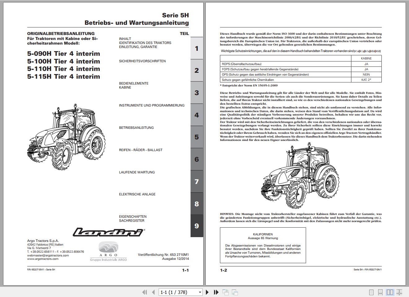Landini Tractor 5H Series 5 090H to 5 115H Operators Maintenance Manual 6532710M1 DE 1