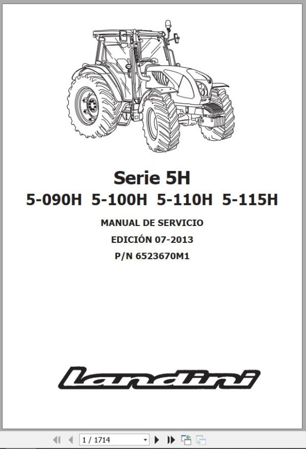 Landini Tractor 5H Series 5 090H to 5 115H Service Manual 6523670M1 ES 1