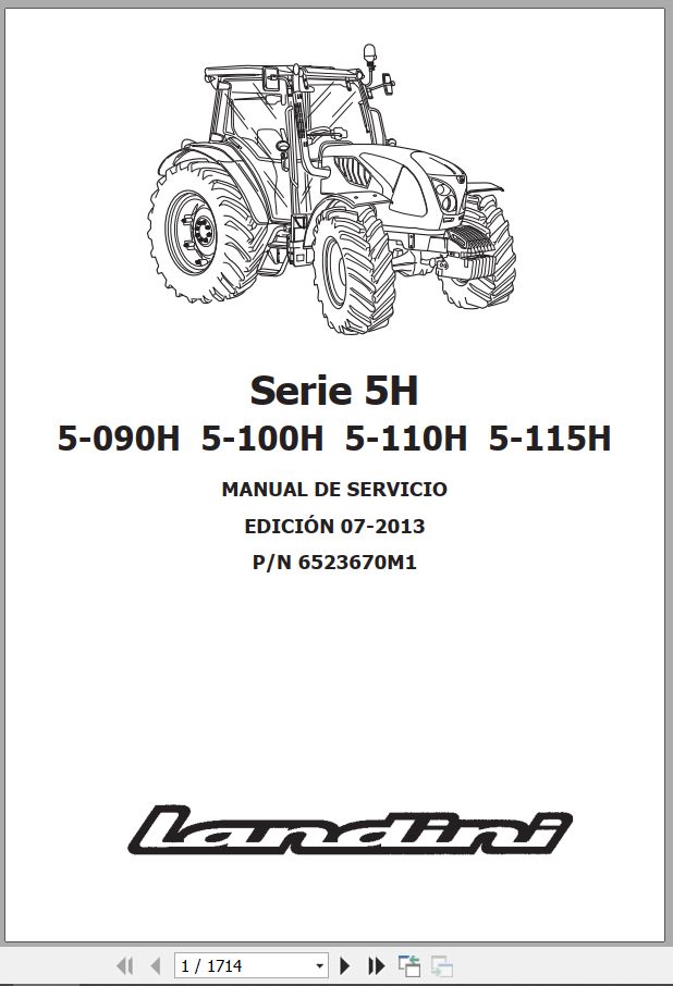 Landini Tractor 5H Series 5 090H to 5 115H Service Manual 6523670M1 ES 1