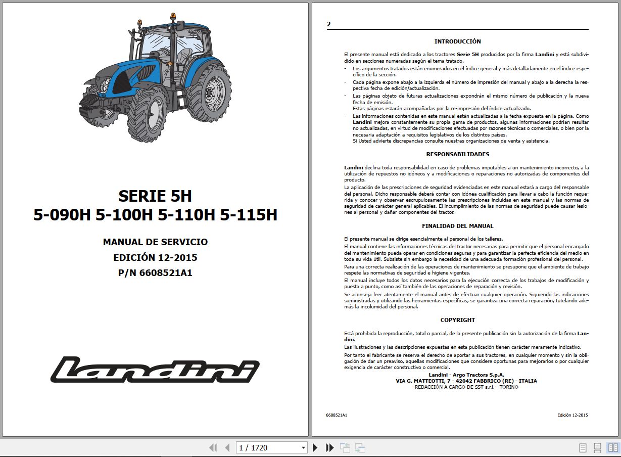 Landini Tractor 5H Series 5 090H to 5 115H Service Manual 6608521A1 ES 1