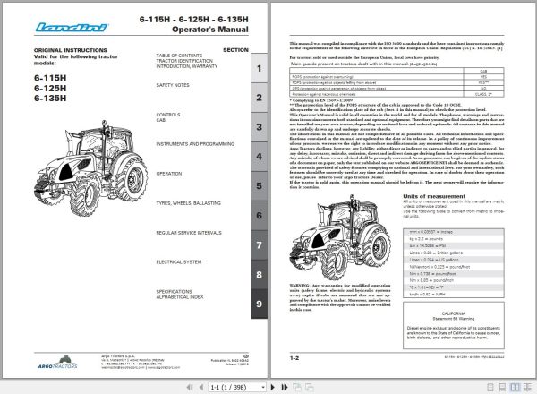 Landini Tractor 6 115H 6 125H 6 135H Operators Maintenance Manual 6622406A2 EN 1