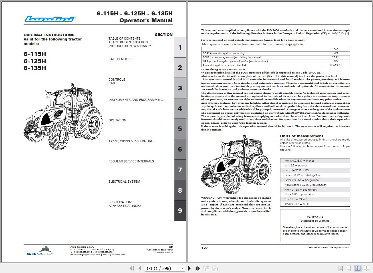 Landini Tractor 6 115H 6 125H 6 135H Operators Maintenance Manual 6622406A2 EN 1