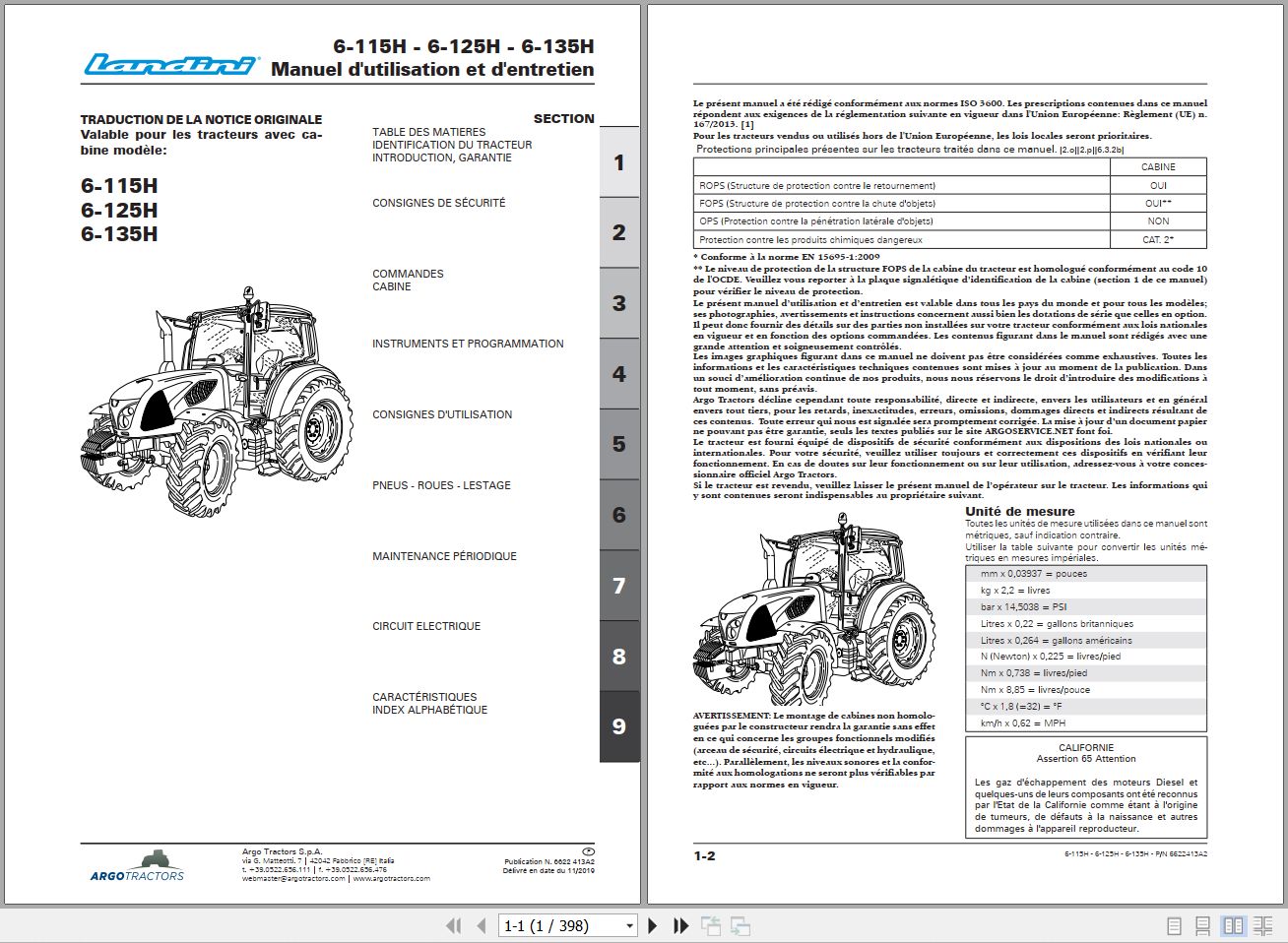 Landini Tractor 6 115H 6 125H 6 135H Operators Maintenance Manual 6622413A2 FR 1