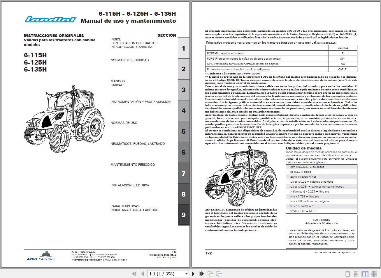 Landini Tractor 6 115H 6 125H 6 135H Operators Maintenance Manual 6622416A2 ES 1