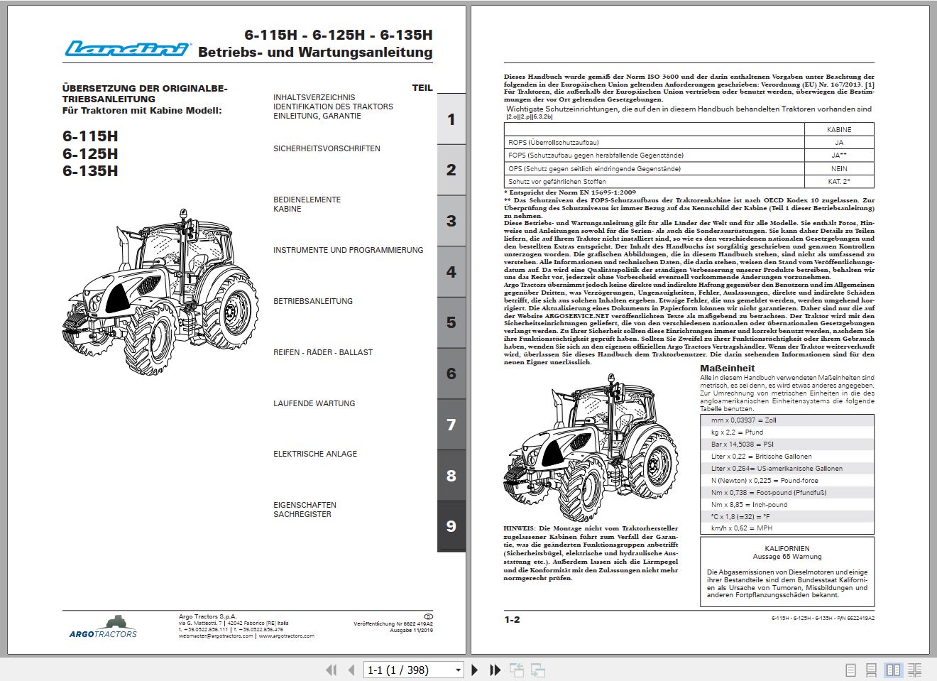 Landini Tractor 6 115H 6 125H 6 135H Operators Maintenance Manual 6622419A2 DE 1