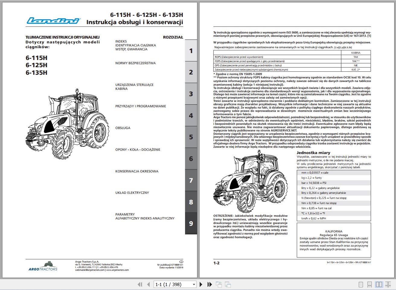Landini Tractor 6 115H 6 125H 6 135H Operators Maintenance Manual 6718081A1 PL 1
